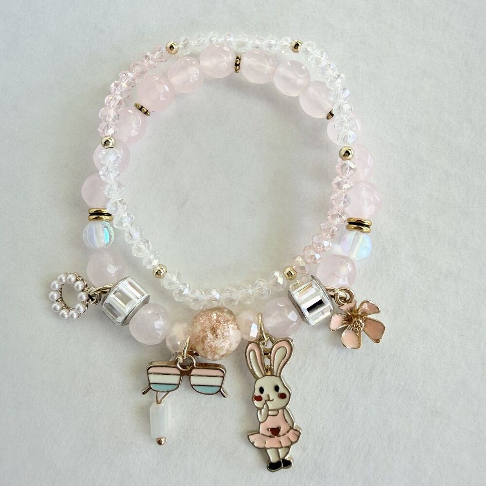 Rose Quartz Beaded Bracelet Stack Set Bunny Flower Charms Pink Crystal 6.5"
